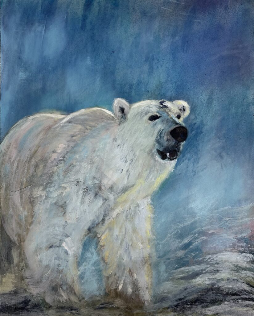 Original polar bear painting titled Silent Watcher of the Blue Hour by Canadian artist Pamela Buttazzoni featuring a white polar bear against an atmospheric blue Arctic background.