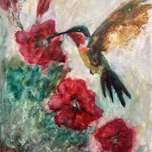 Original hummingbird painting titled Where Flame Finds Flight by Pamela Buttazzoni featuring expressive crimson flowers, layered mixed media textures, and oil detailing