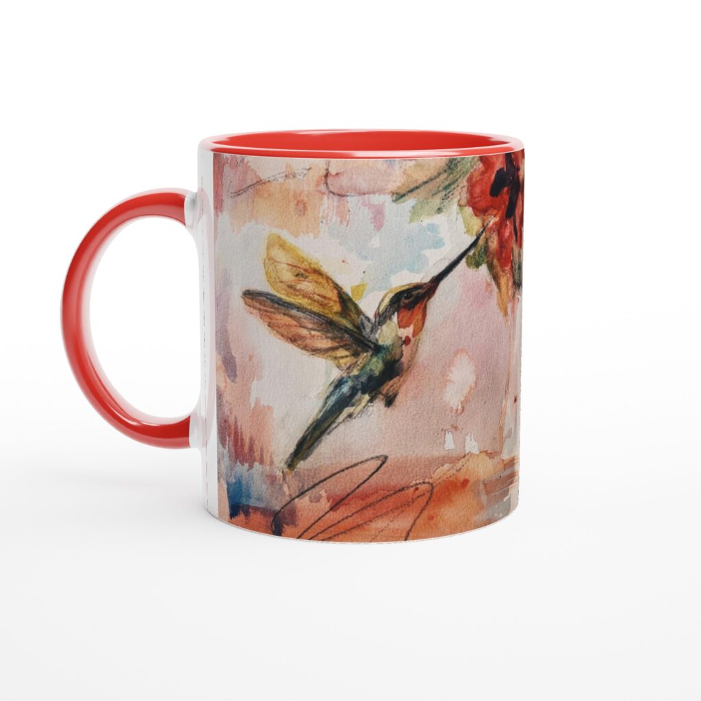 Suspended Between Petals hummingbird coffee mug with red handle and floral artwork by Pamela Buttazzoni
