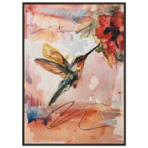 Suspended Between Petals hummingbird framed poster with black metal frame by Pamela Buttazzoni
