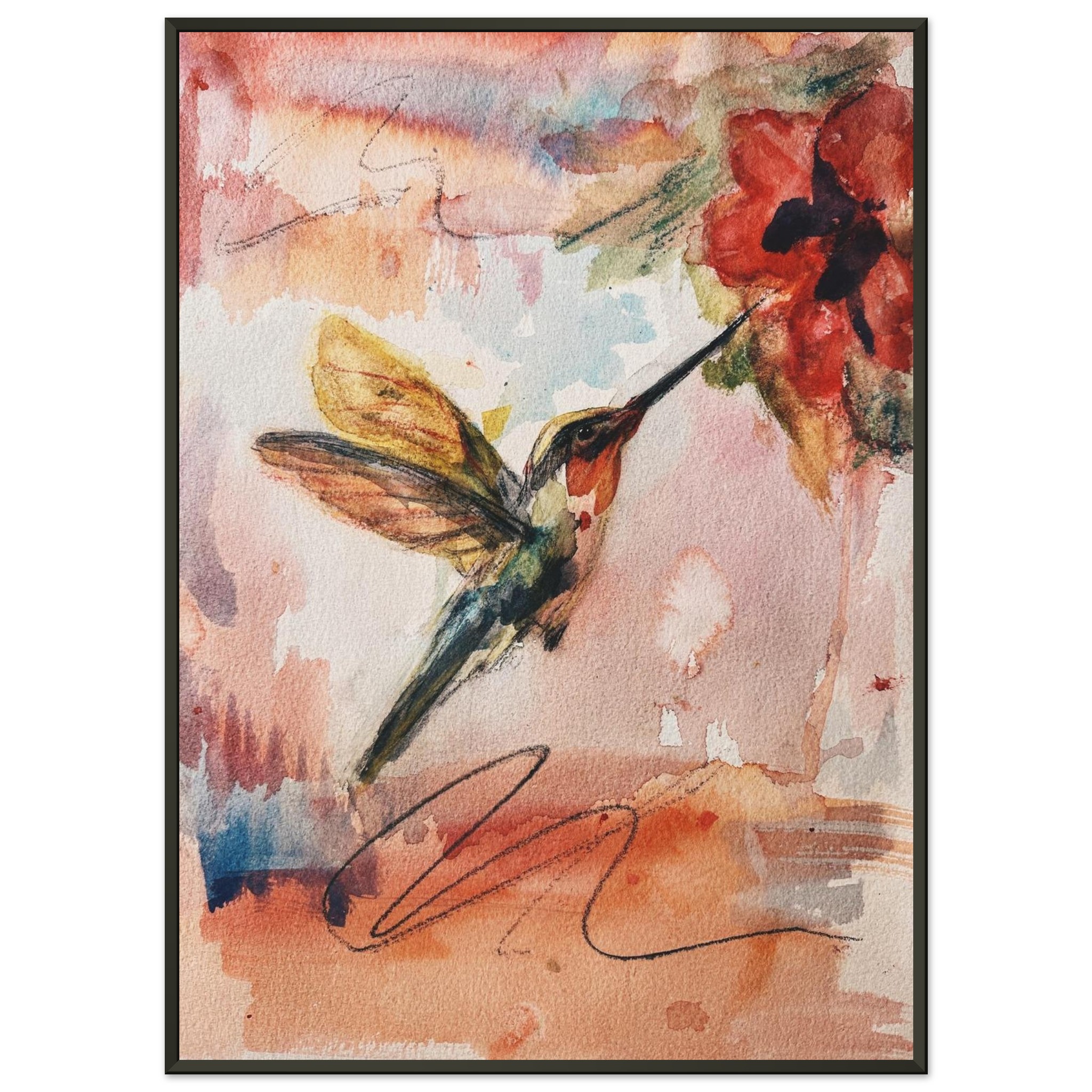 Suspended Between Petals hummingbird framed poster with black metal frame by Pamela Buttazzoni