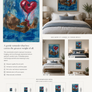 Recommended print sizes for The Softest Weight bear wall art reproduction shown in bedroom and wall mockup settings