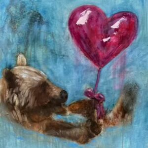 Original bear painting holding a heart balloon by Canadian artist Pamela Buttazzoni.
