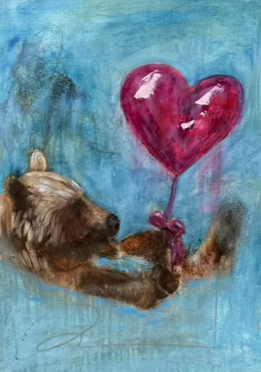 Original bear painting holding a heart balloon by Canadian artist Pamela Buttazzoni.