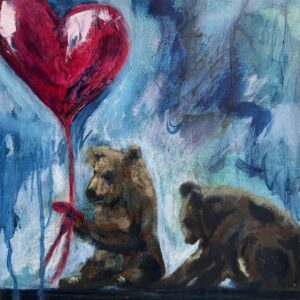 Bear painting featuring two bears carrying a floating red heart in a blue abstract landscape by Canadian artist Pamela Buttazzoni.