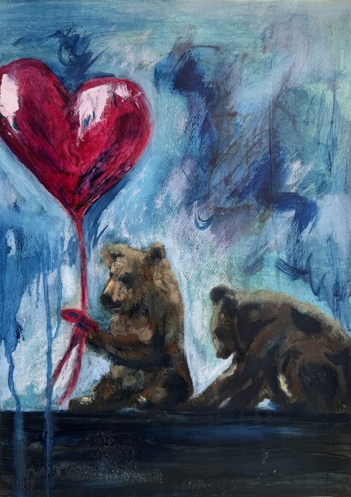 Bear painting featuring two bears carrying a floating red heart in a blue abstract landscape by Canadian artist Pamela Buttazzoni.