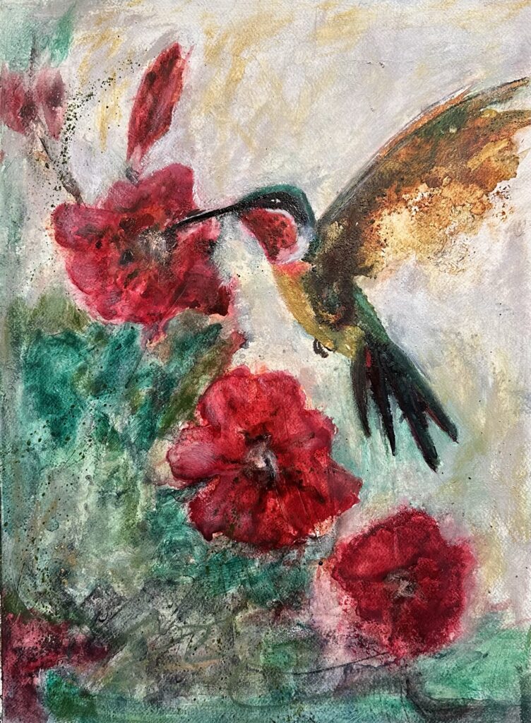 Original hummingbird painting titled Where Flame Finds Flight by Pamela Buttazzoni featuring expressive crimson flowers, layered mixed media textures, and oil detailing