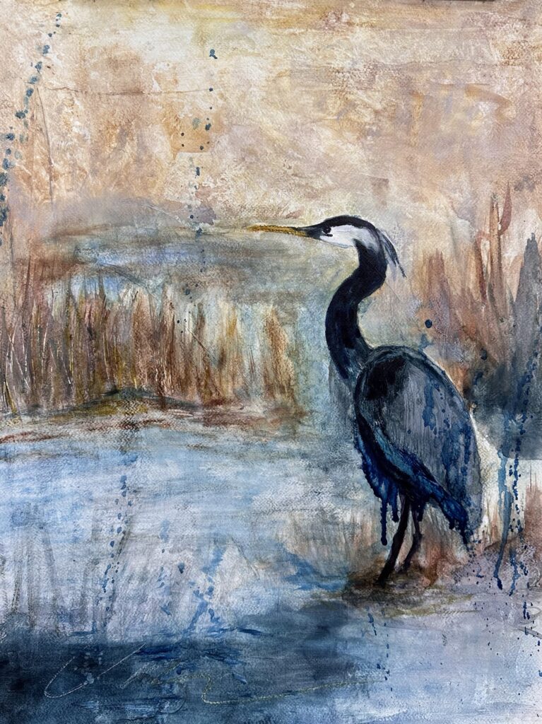 Marshlight in Blue heron fine art print by Canadian artist Pamela Buttazzoni