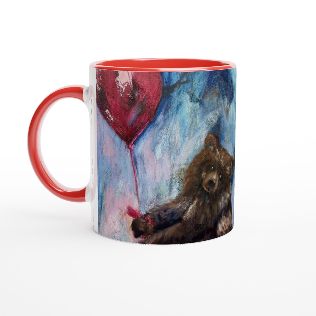 Bear art mug featuring Pamela Buttazzoni’s The Courage to Float bear painting with heart balloon and inspirational quote