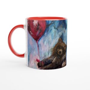 Bear art mug featuring Pamela Buttazzoni’s The Courage to Float bear painting with heart balloon and inspirational quote