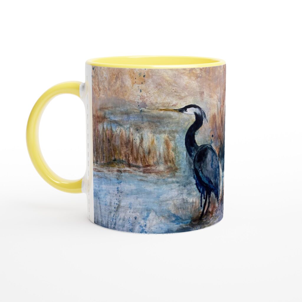 Blue heron art mug featuring Marshlight in Blue artwork by Canadian artist Pamela Buttazzoni