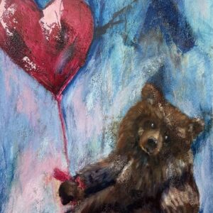 Original bear painting titled The Courage to Float featuring a brown bear with a heart-shaped balloon against a blue abstract background by Canadian artist Pamela Buttazzoni.