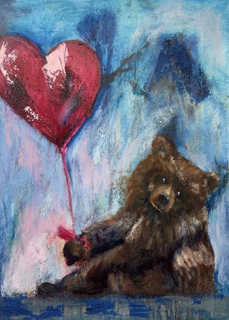 Original bear painting titled The Courage to Float featuring a brown bear with a heart-shaped balloon against a blue abstract background by Canadian artist Pamela Buttazzoni.