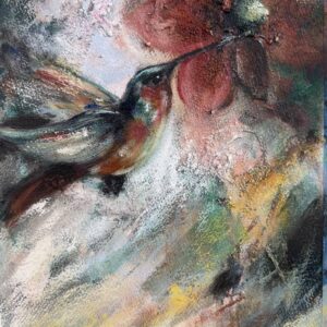 The Weight of Air original mixed-media hummingbird painting by Canadian artist Pamela Buttazzoni