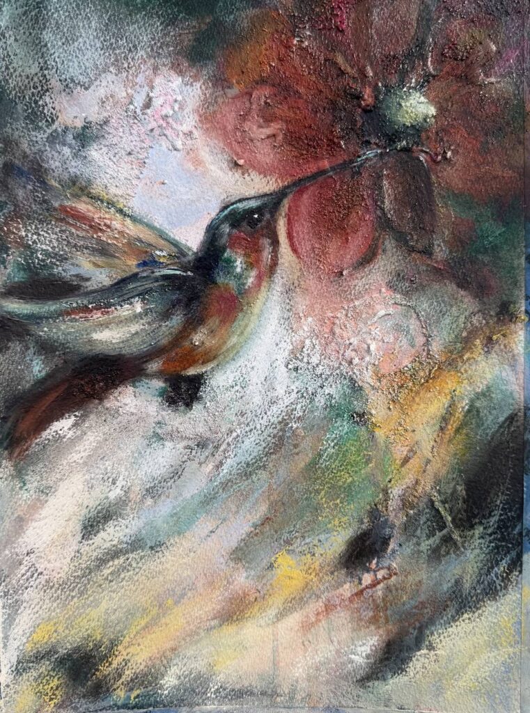 The Weight of Air original mixed-media hummingbird painting by Canadian artist Pamela Buttazzoni